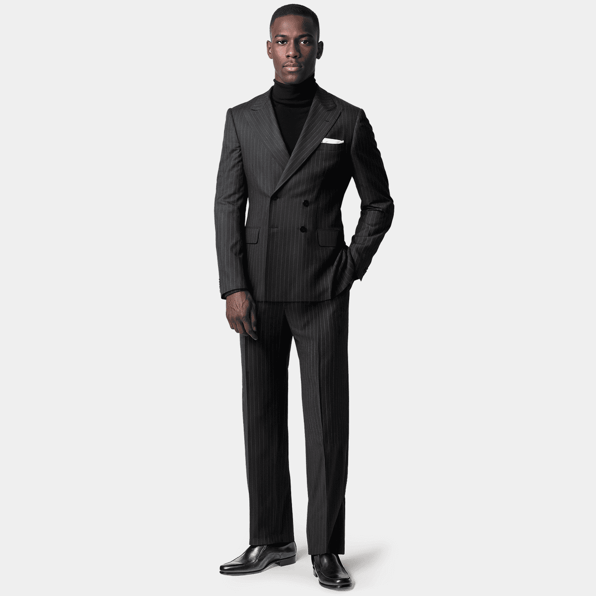Loro Piana dark gray pinstripe stretch Merino Wool double breasted