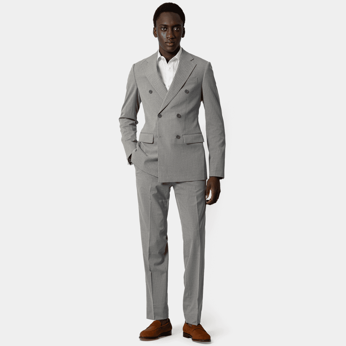 Mid gray pinstripe stretch double breasted Suit