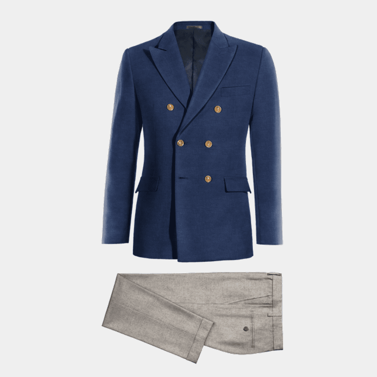 Costume homme croisée bleu marine en lin avec pantalon gris en flanelle