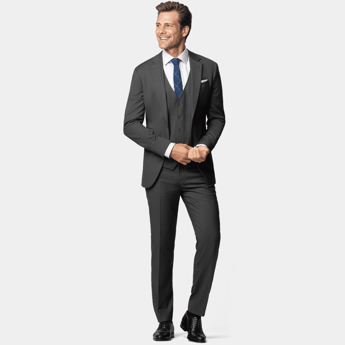 Abito da Uomo in 3 Pezzi Di Tweed a Quadri Nero ak-11