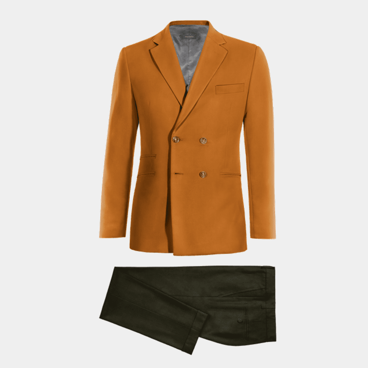 Orange Polyester Rayon Double Breasted Three Piece Suit With Elbow Patches