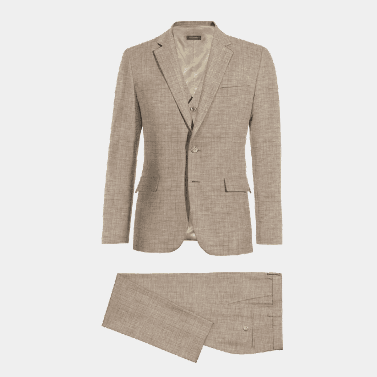 Dark beige prince of wales lightweight linen 3 piece Suit