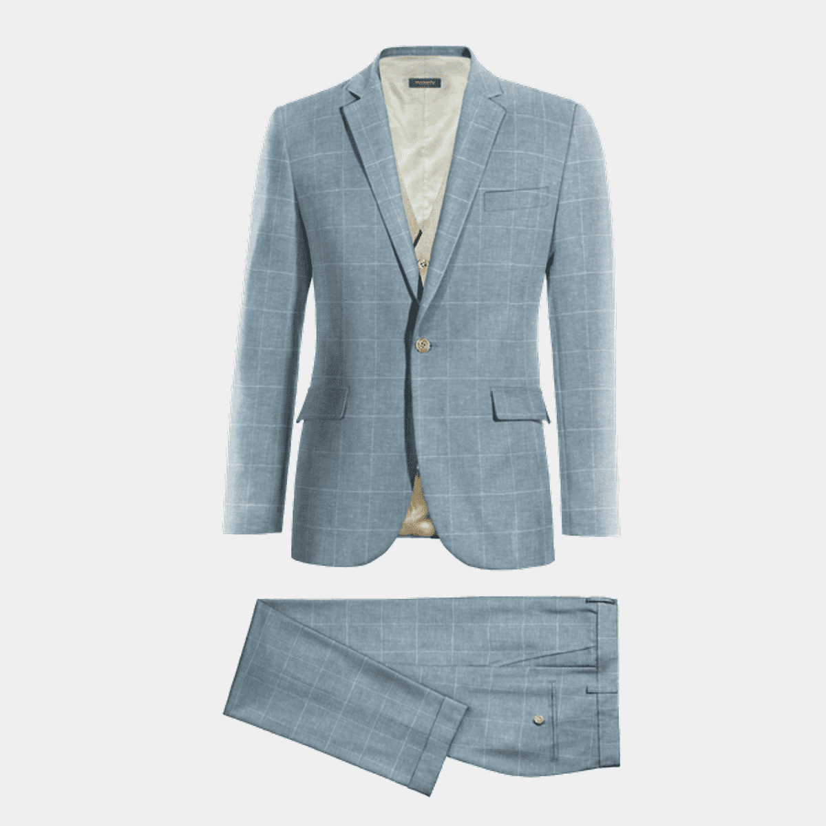 Light blue windowpane lightweight cotton-linen Suit with beige linen vest