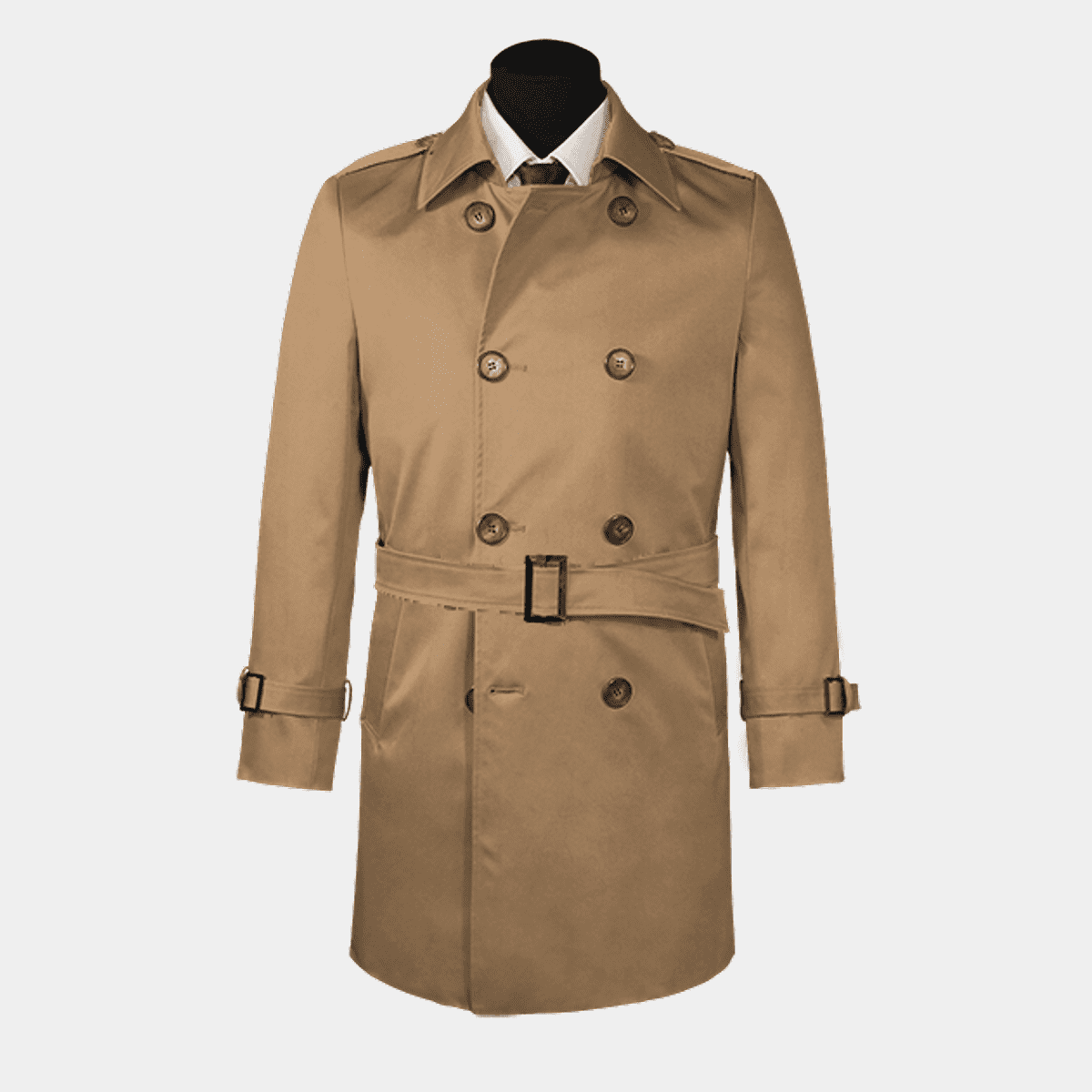 Brown belted long rain coat with epaulettes
