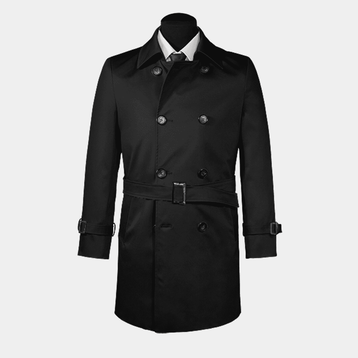 Black double-breasted rain coat with belt
