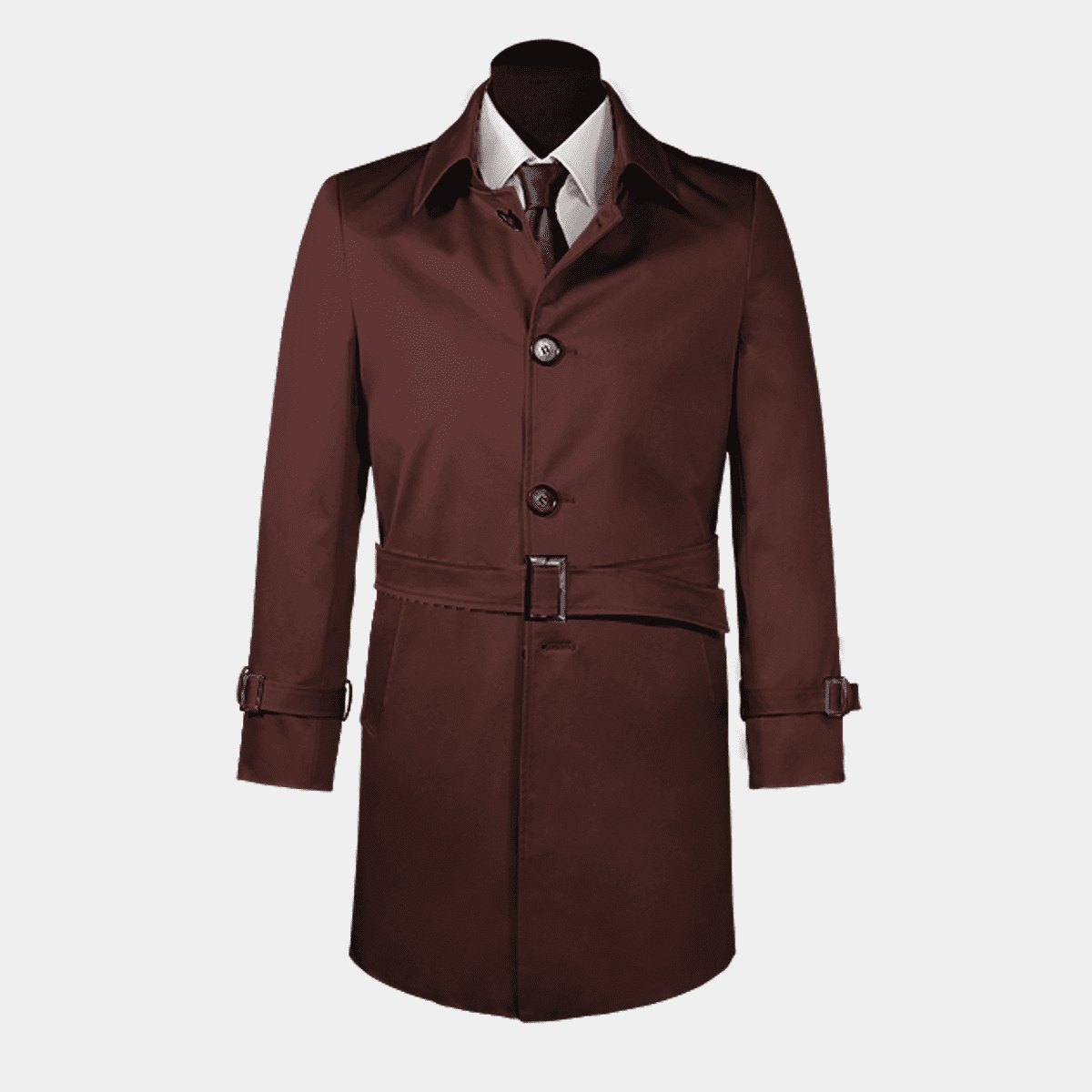 Bordeaux-Roter langer Einreiher-Trenchcoat mit Gürtel