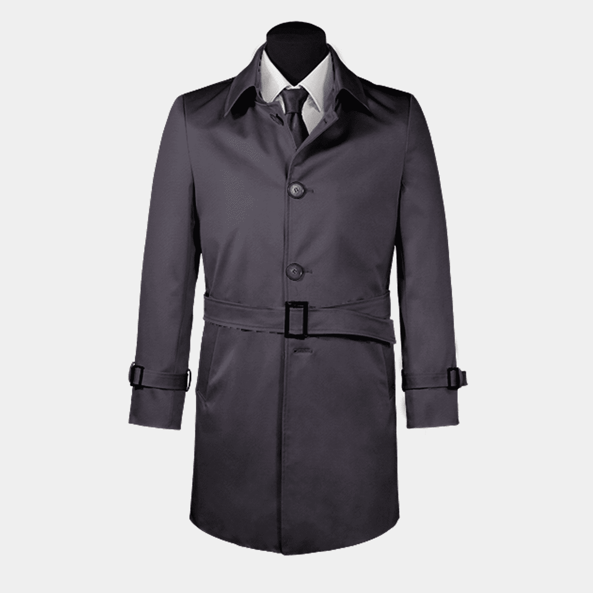 Blue belted single-breasted long trench coat