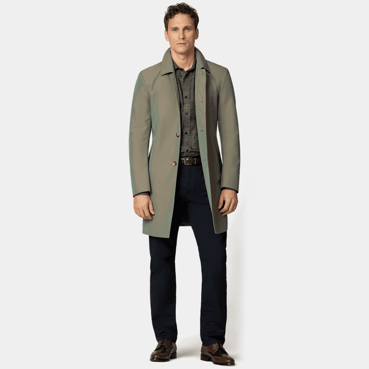 Green single-breasted long trench coat