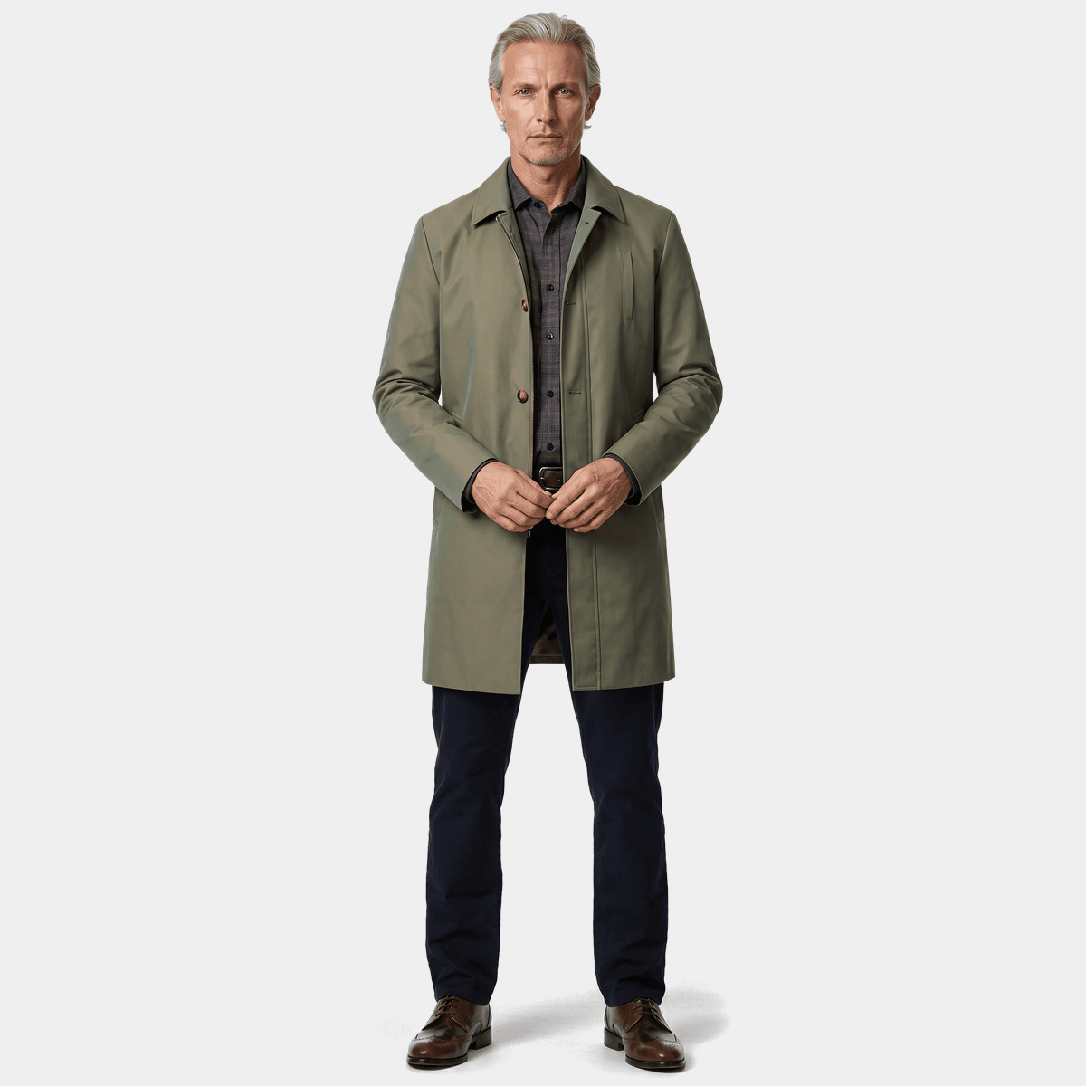 Olive green single-breasted mac coat | Hockerty