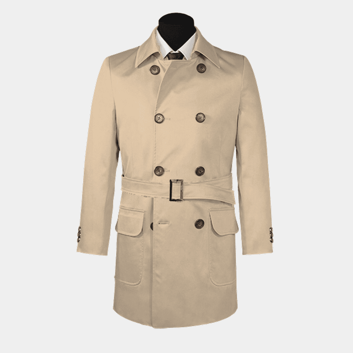 Beige belted double-breasted trench coat