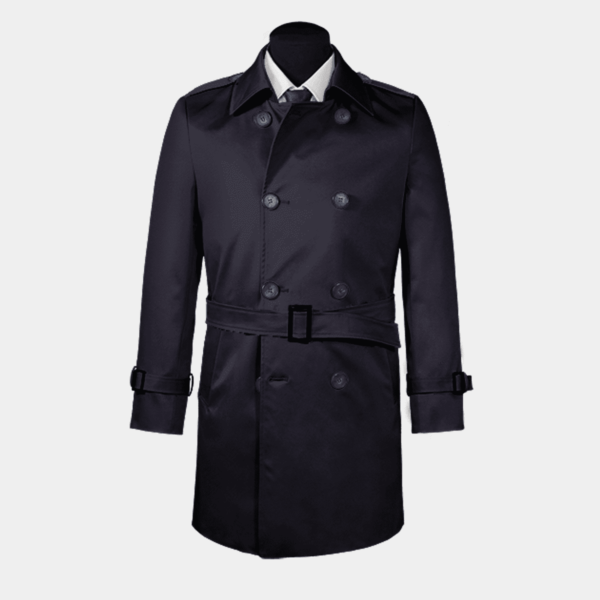 Blue belted rain coat with epaulettes