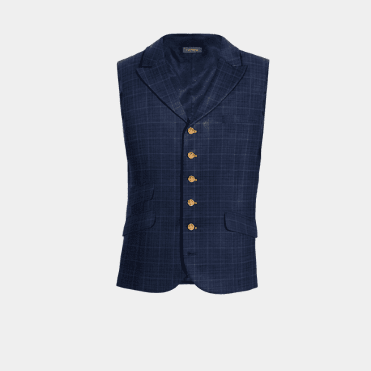 Navy Blue Overcheck Peak Lapel Limited Edition Waistcoat With Brass Buttons 1729