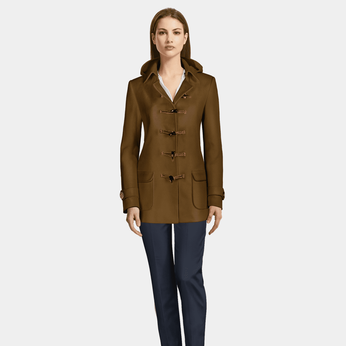 Short khaki green Pure Wool Duffle Coat with patched pockets