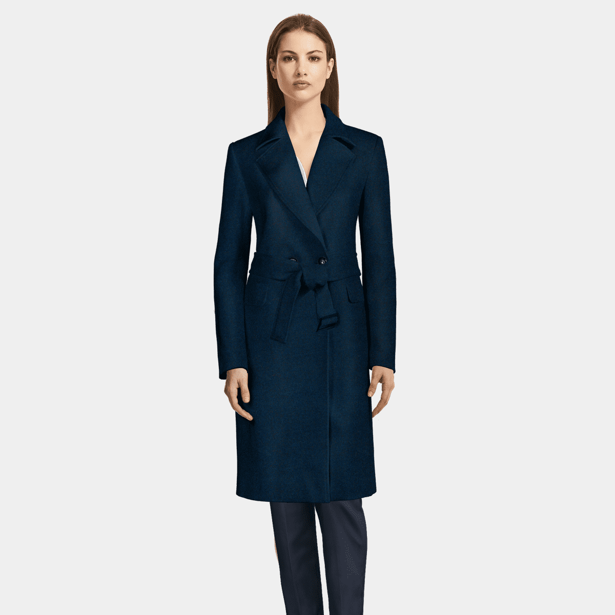 Long blue Wool Trench Coat with wide lapels | Sumissura