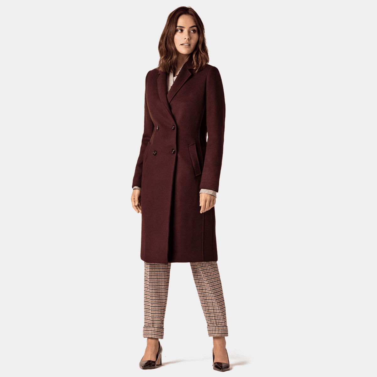 Long burgundy Double Breasted Coat with wide lapels | Sumissura