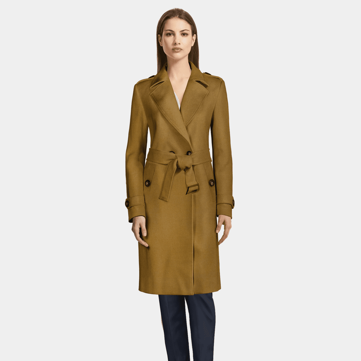 Long camel Wool Trench Coat with wide lapels | Sumissura