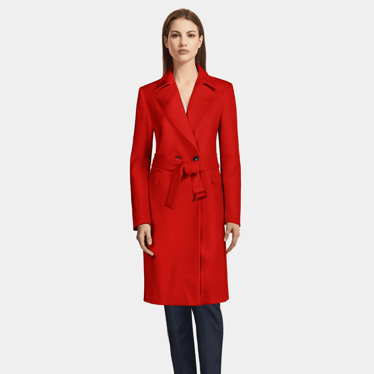 Long intense red Wool Trench Coat with wide lapels Sumissura