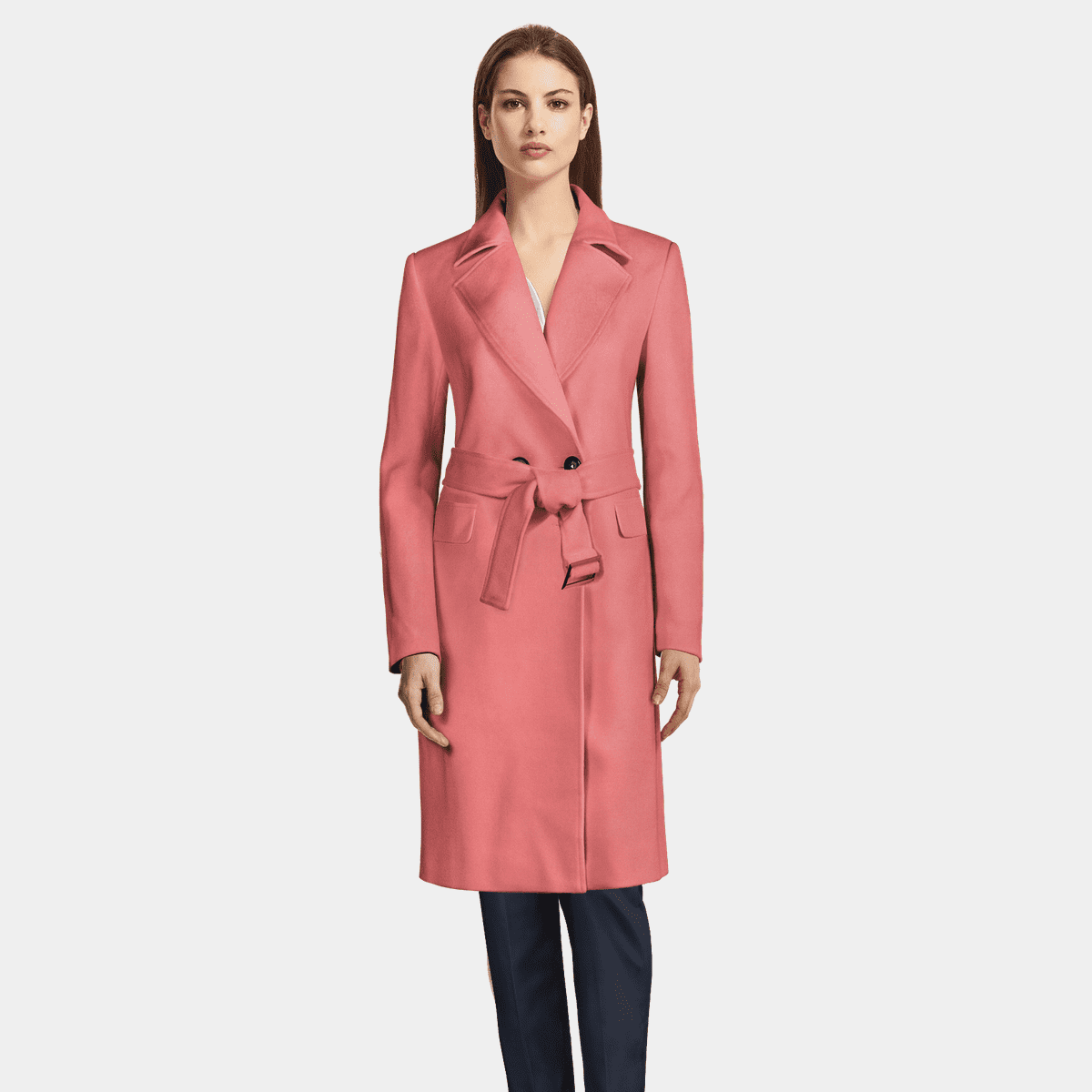 Long light pink Wool Trench Coat with wide lapels | Sumissura