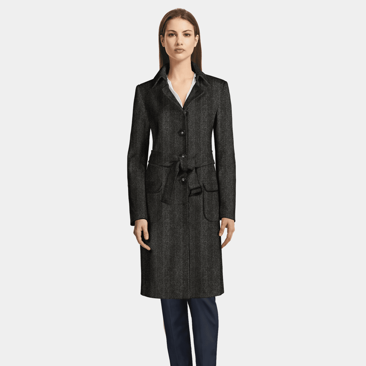 Belted Coat with Wide Sleeves and Patch Pockets - Gray main image 1
