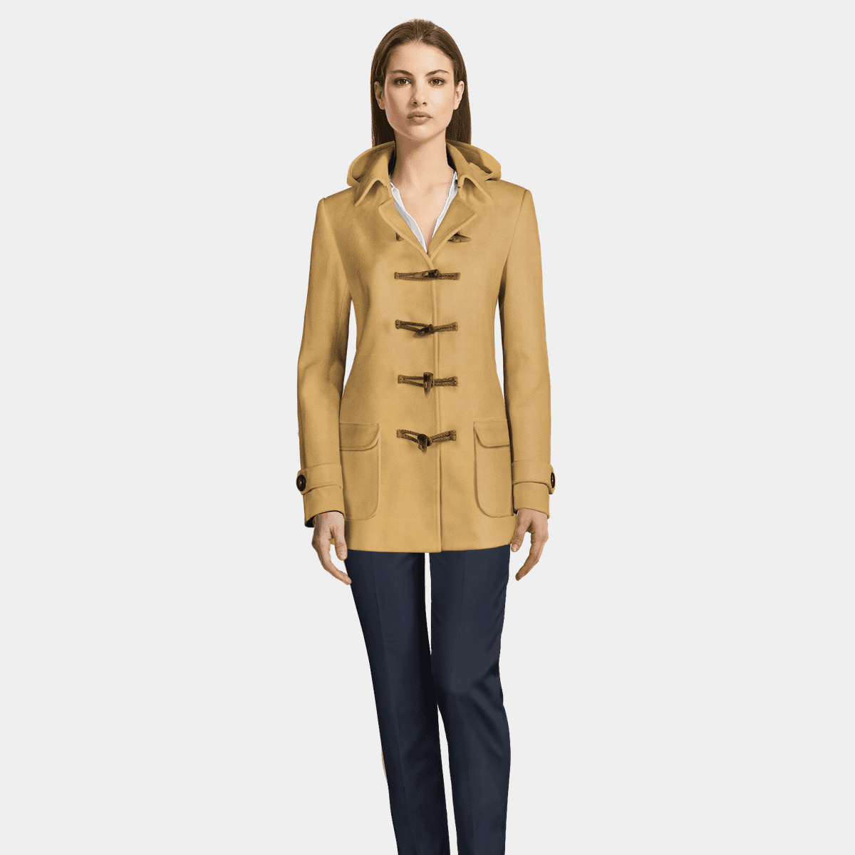 Short camel Duffle Coat with patched pockets $279 | Sumissura