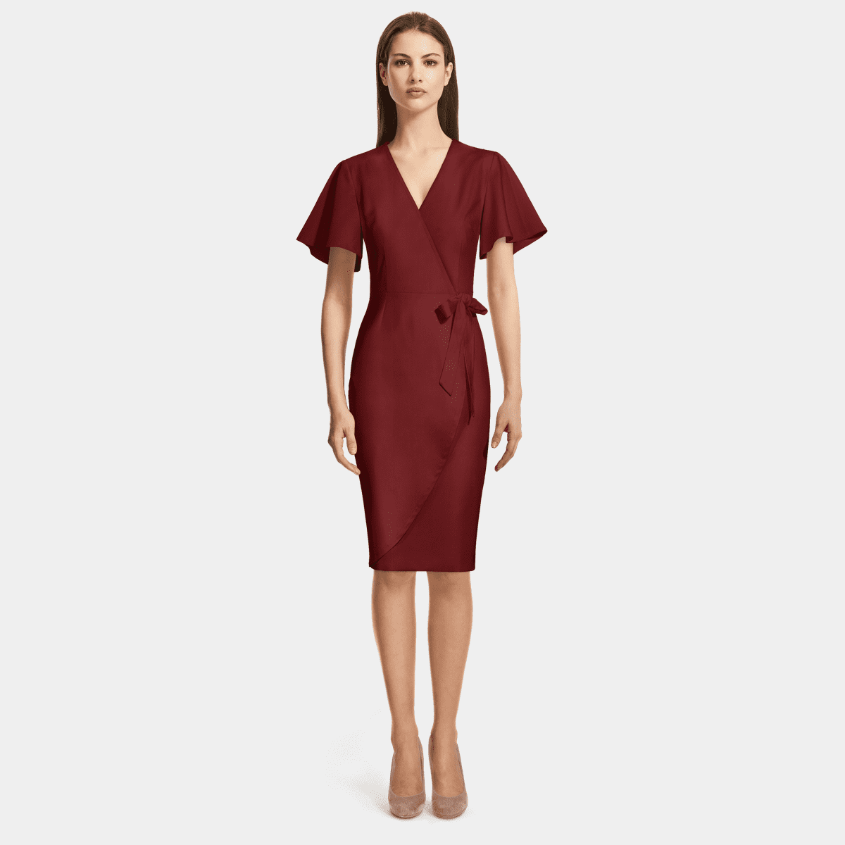 Burgundy Bell Sleeve V Neck Wrap Dress Sumissura