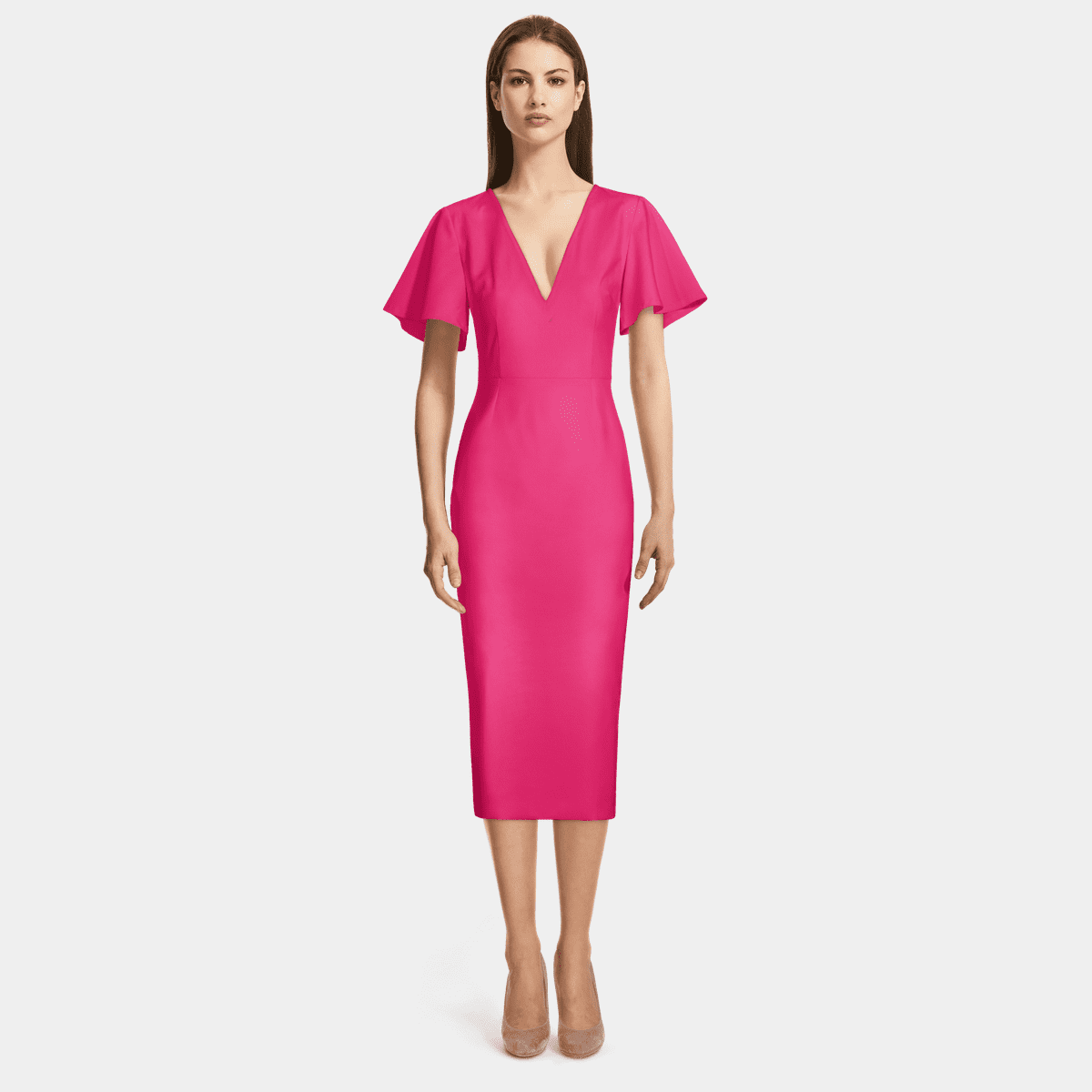 Women Fuchsia Velvet Waist Cut-Out One Shoulder Midi Dress