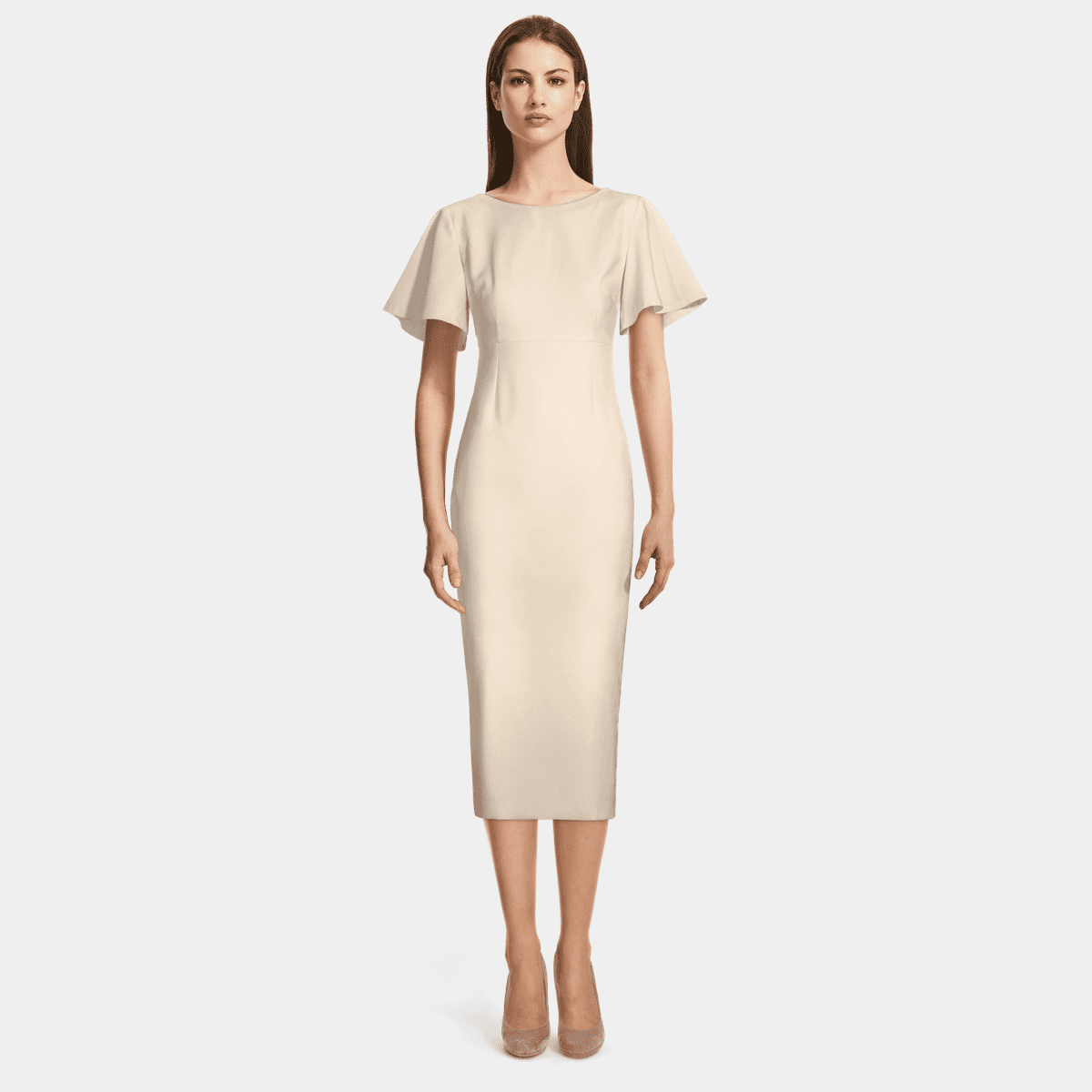 Beige bell sleeve boat neck High Waisted Sheath Midi Dress | Sumissura