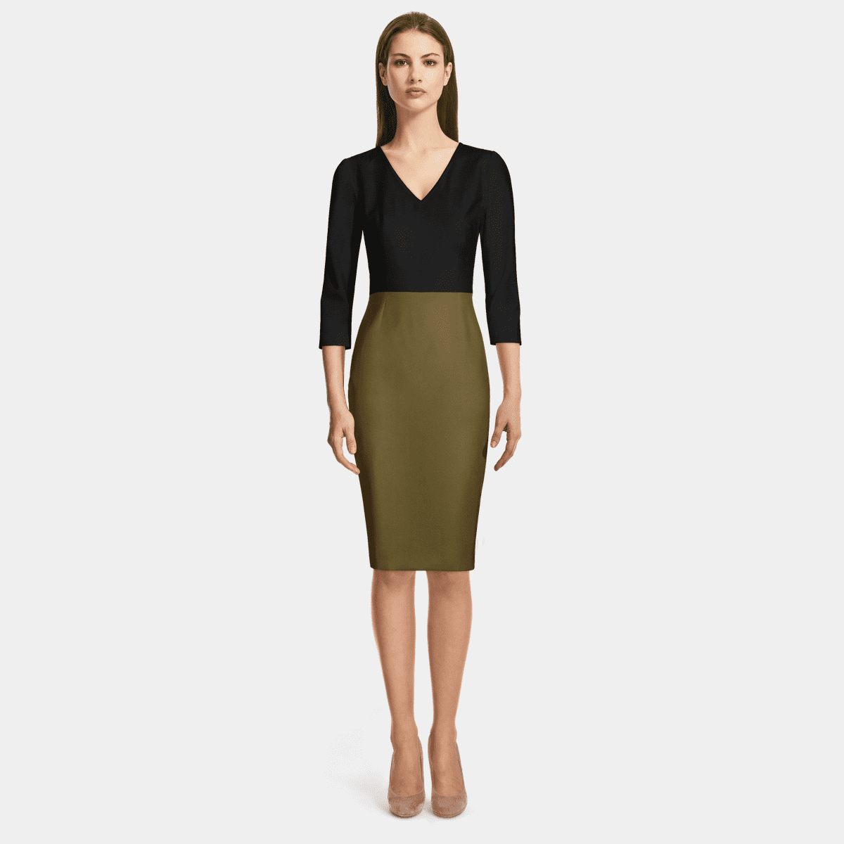 3/4 Sleeves Pleated V-neck Sheath Long Dress With Slit Dark Green