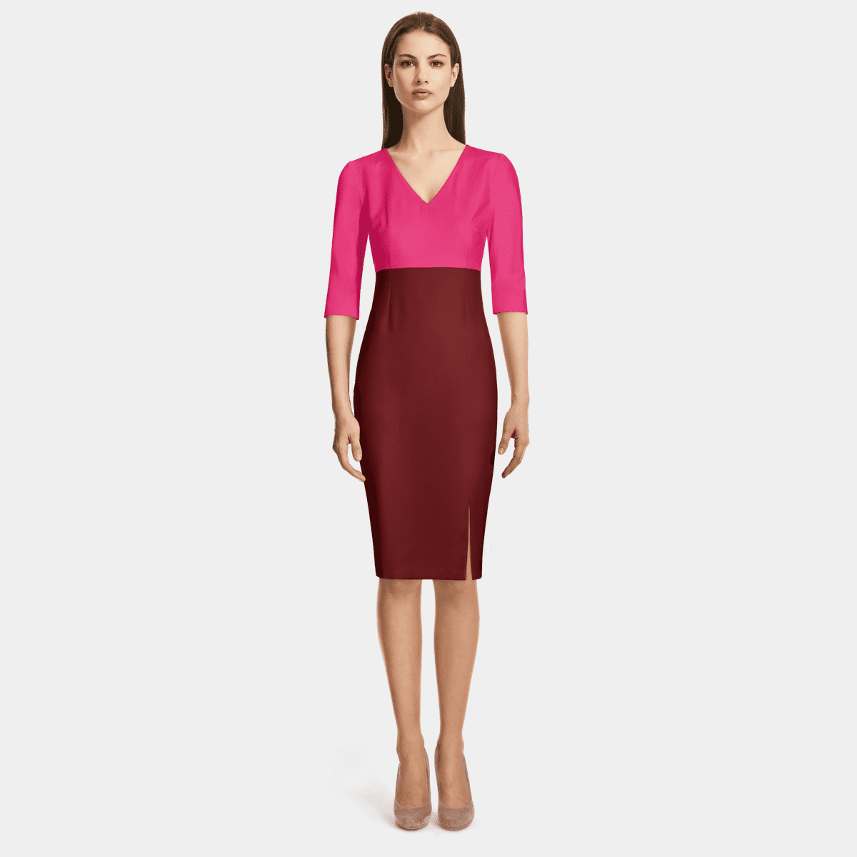 Pink and Red elbow sleeve v-neck High Waisted Sheath Dress | Sumissura