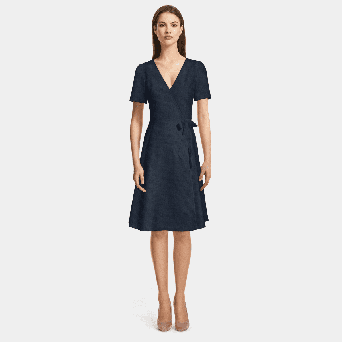 4510956 Navy Blue Collar Wrap Dress