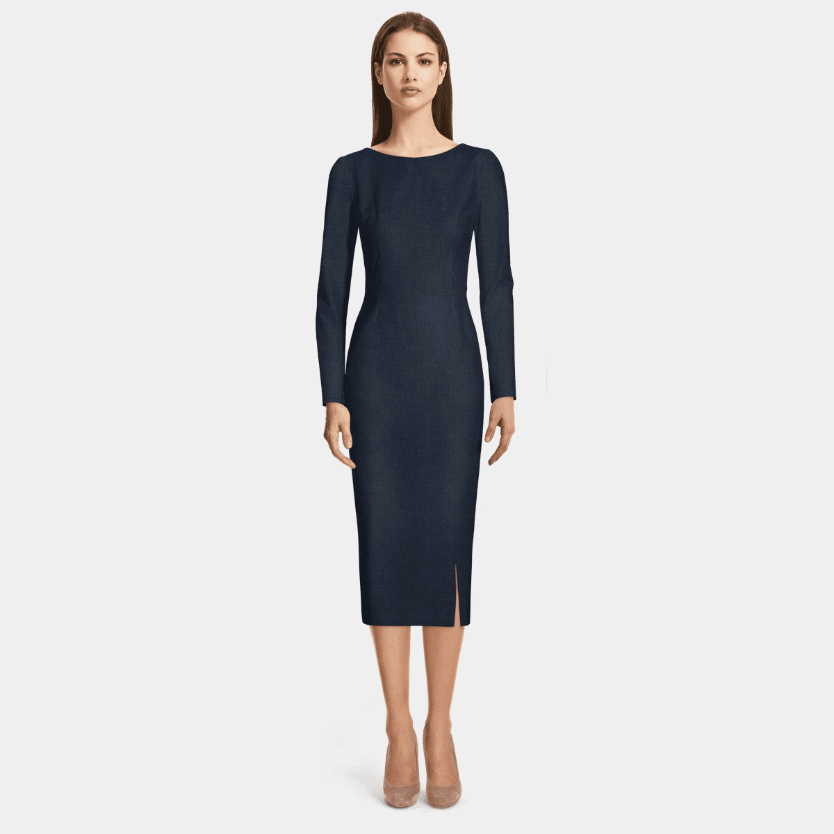 Navy Blue long sleeve boat neck Sheath Midi Dress | Sumissura