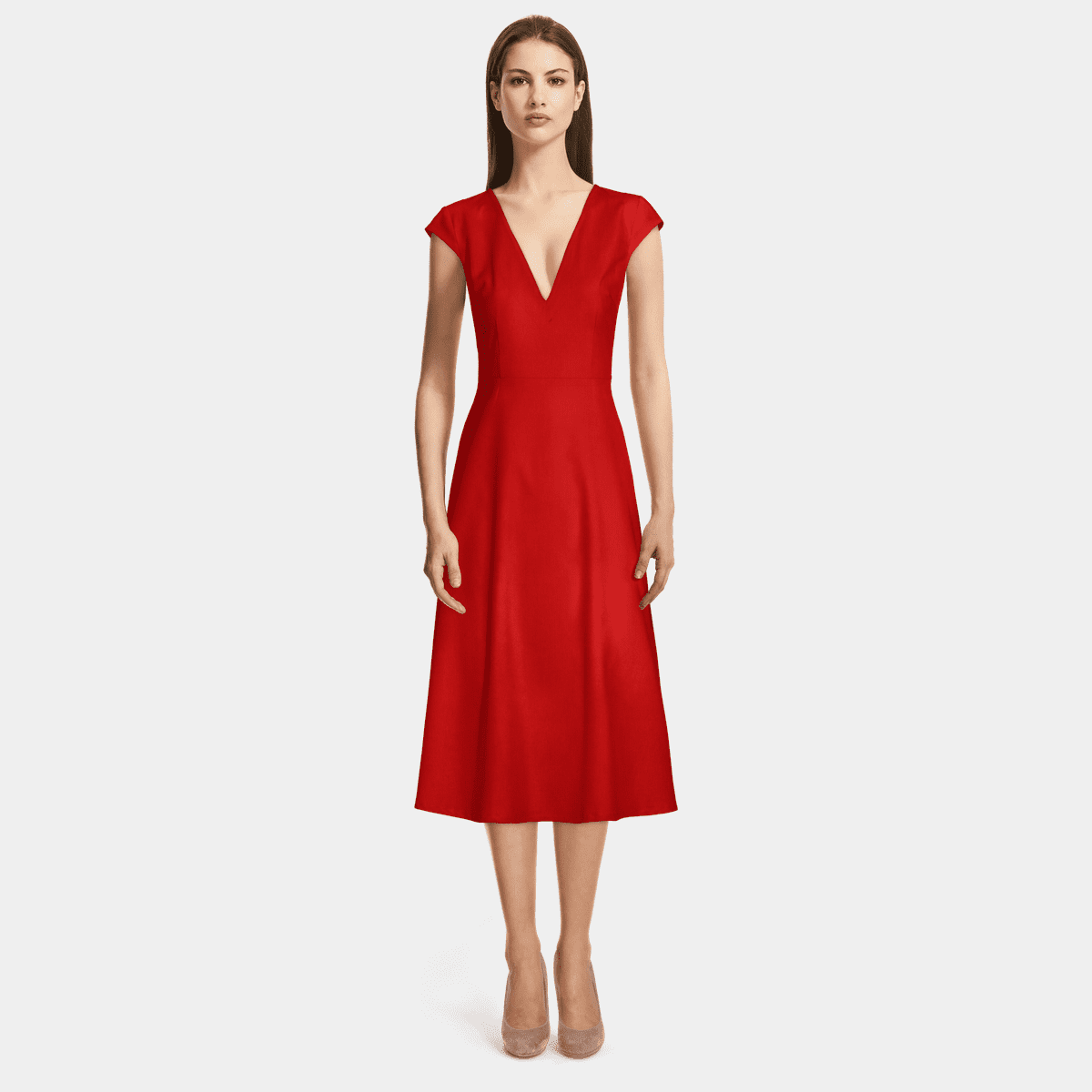 Intense Red Deep V Neck Flared Midi Dress Sumissura