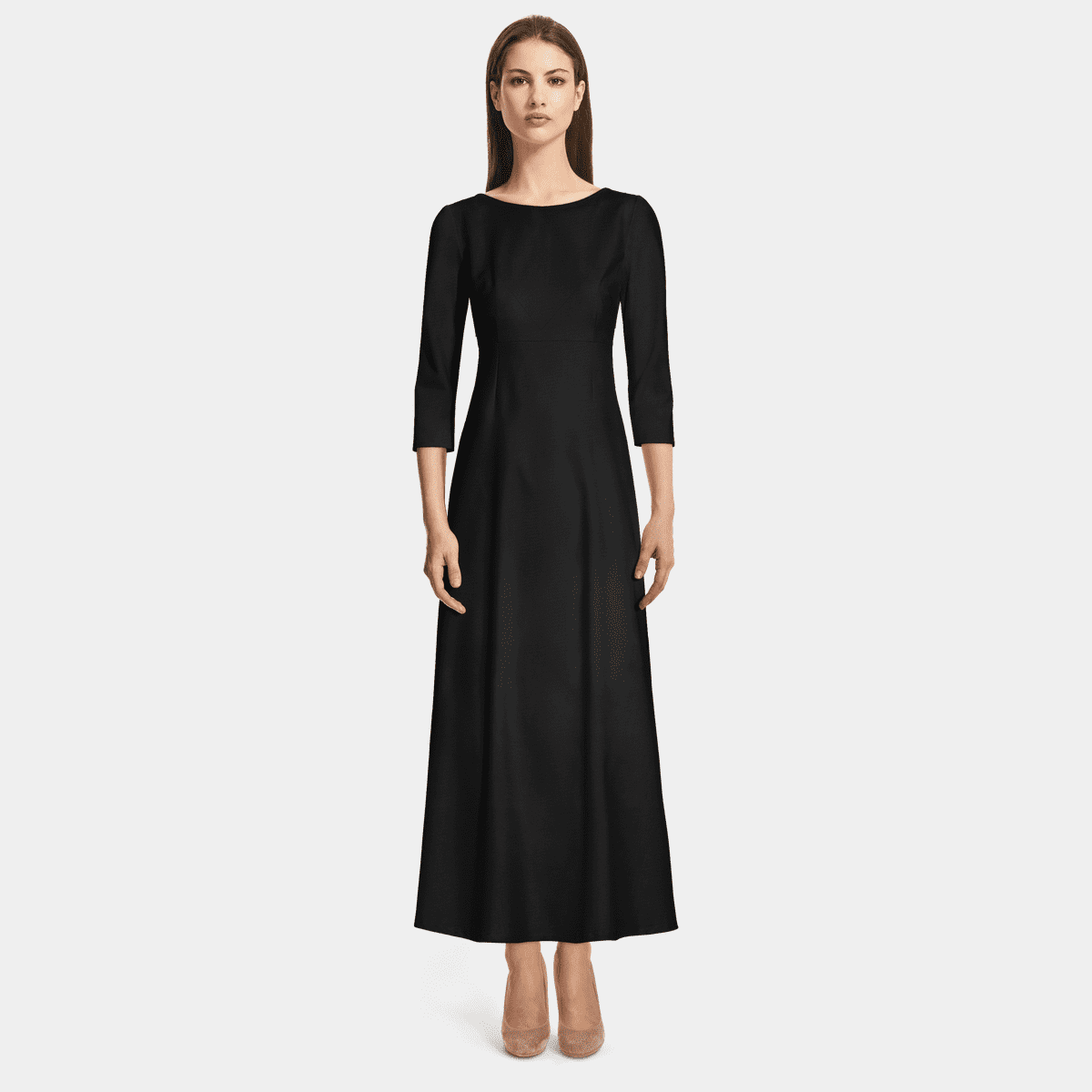 Black 3/4 sleeve boat neck Long Dress with pockets | Sumissura