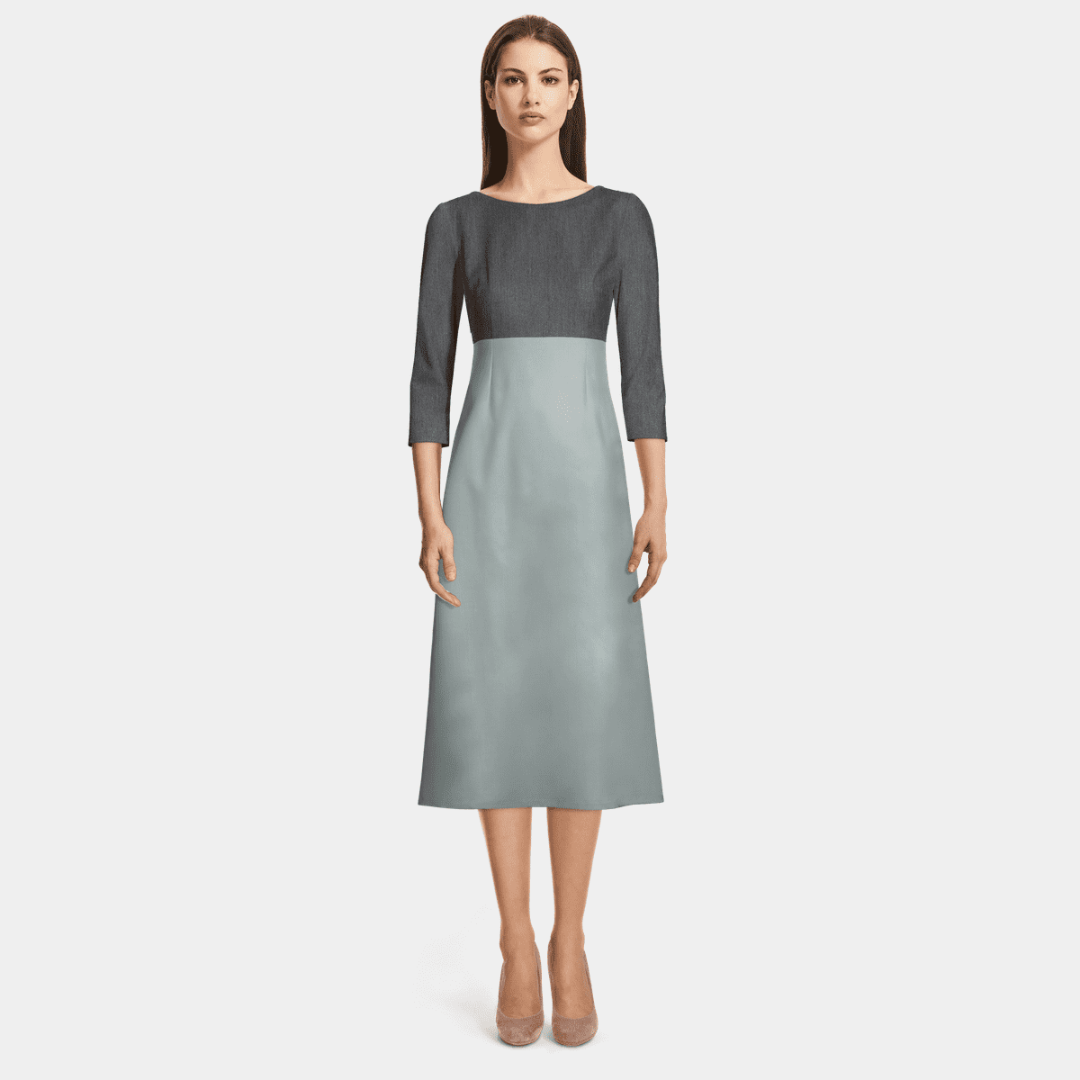 Gray and Blue 3/4 sleeve boat neck A line Midi Dress with pockets | Sumissura
