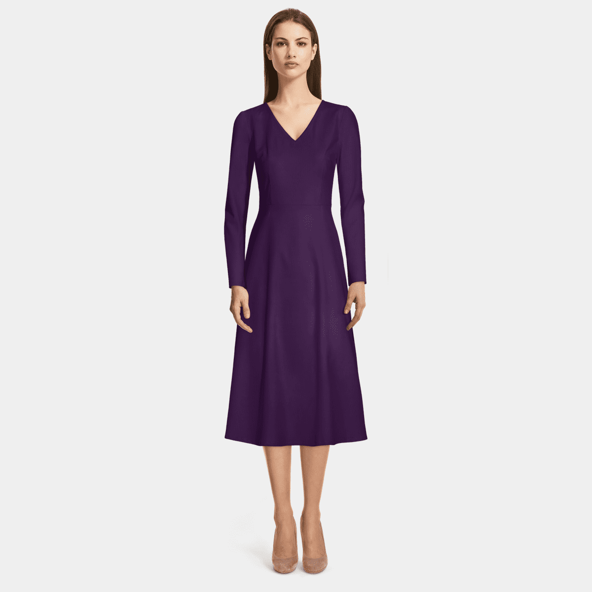 Vestido Midi Drapeado Lila Oscuro escote medio manga larga