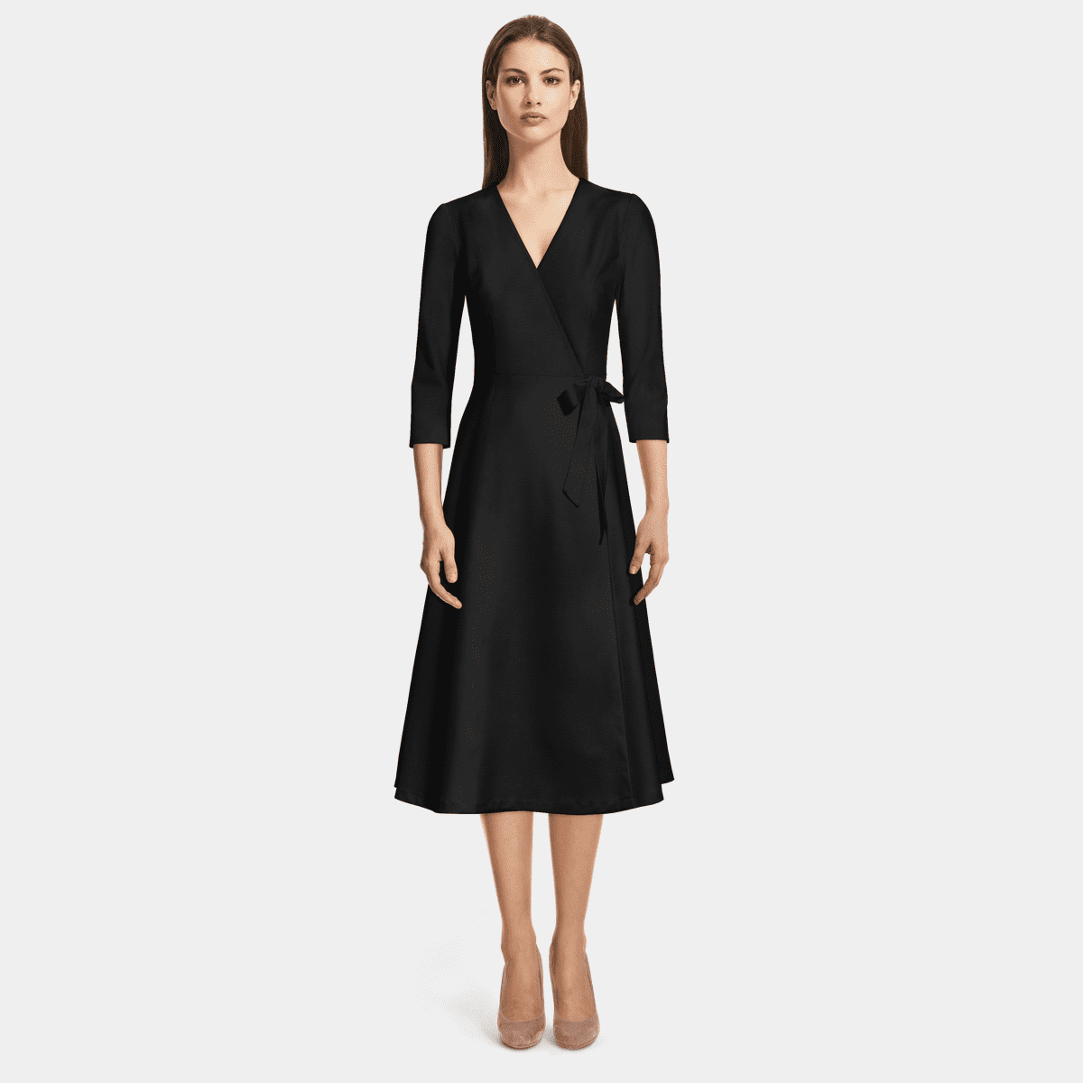3/4 Sleeve V-Neck Knit Dress, Black