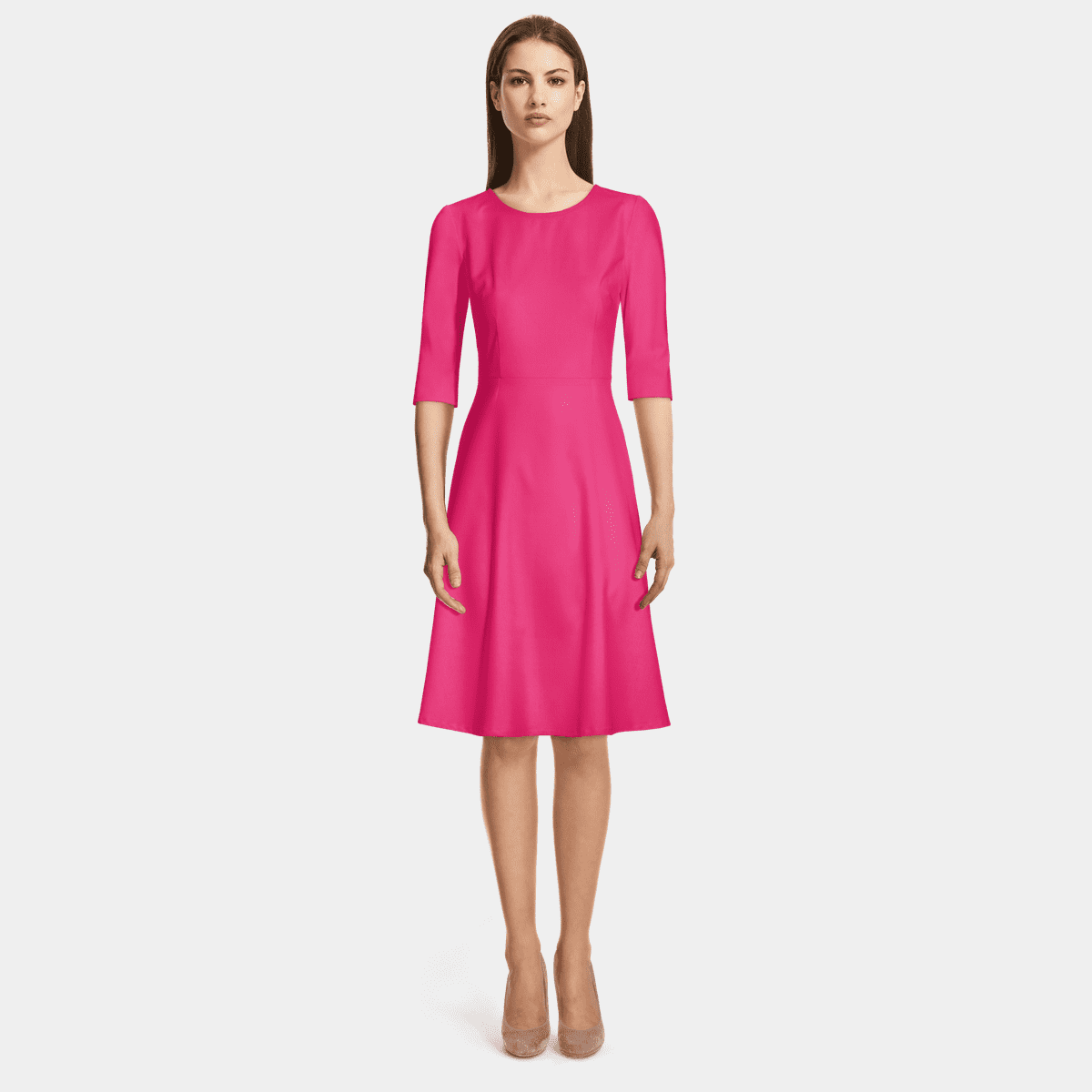 Elbow-Sleeve Round Neck Plain Lace Panel A-Line Evening Dress