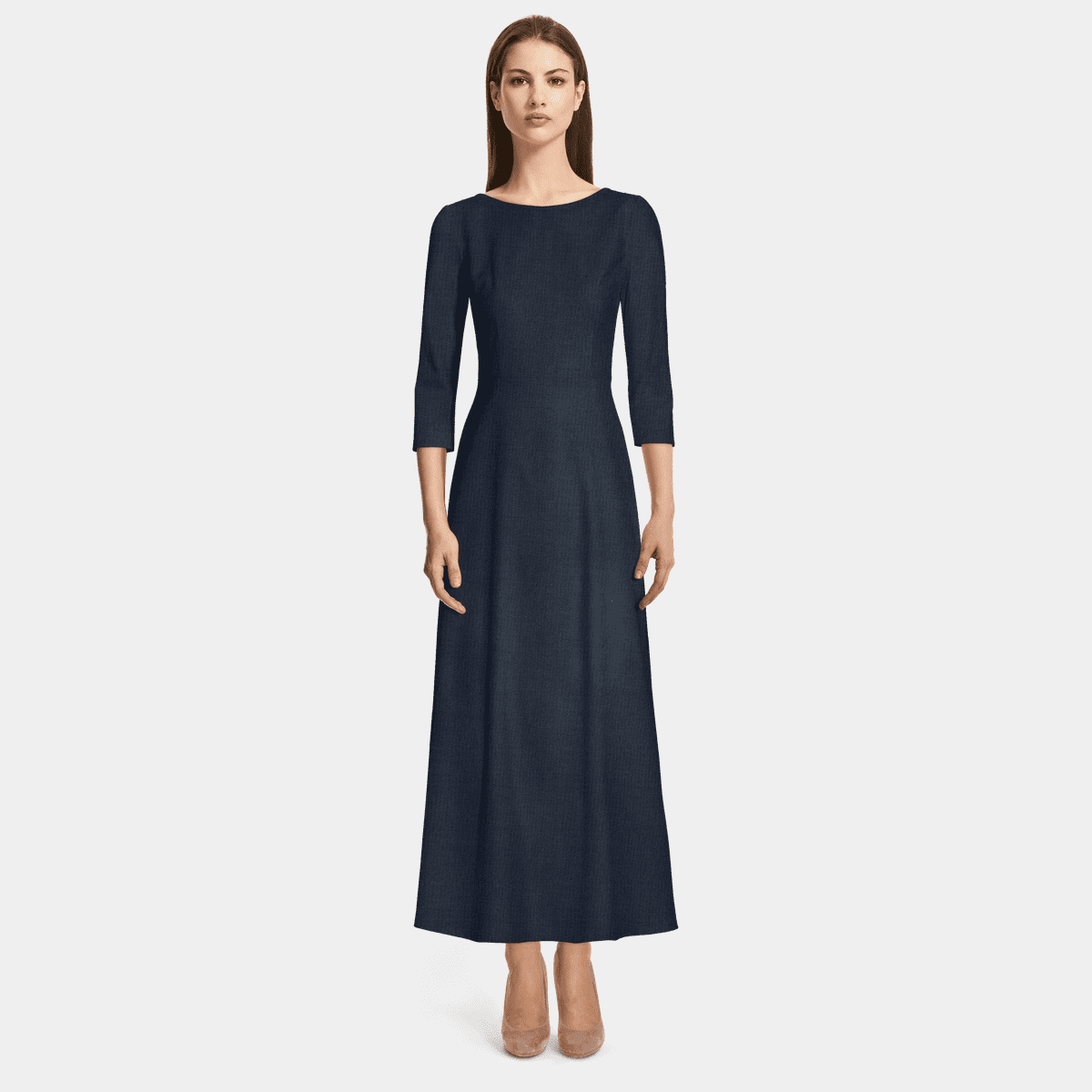 Bateau Neck 3/4 Sleeves Sheath Long Dress With Back Slit Ink Blue