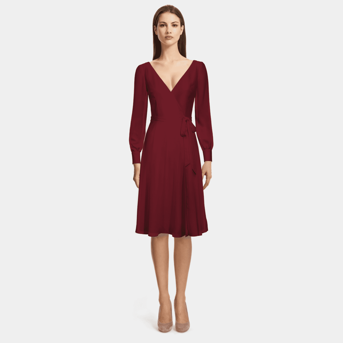 deep burgundy wrap dress Women Solid Maroon V-Neck Flared Sleeves Tie-Up Waist Asymmetrical Hem Wrap  Ruffled Maxi Dress main image 0
