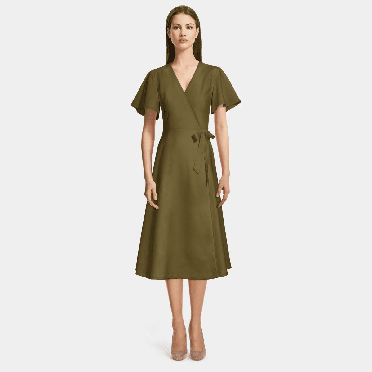 Mid-sleeve bell-sleeve tie V-neck dress
