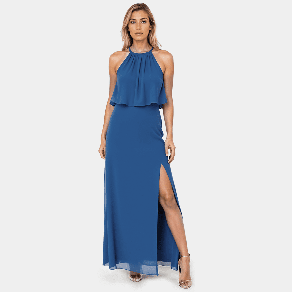 Full Length Chiffon Halter Dresses Ink Blue