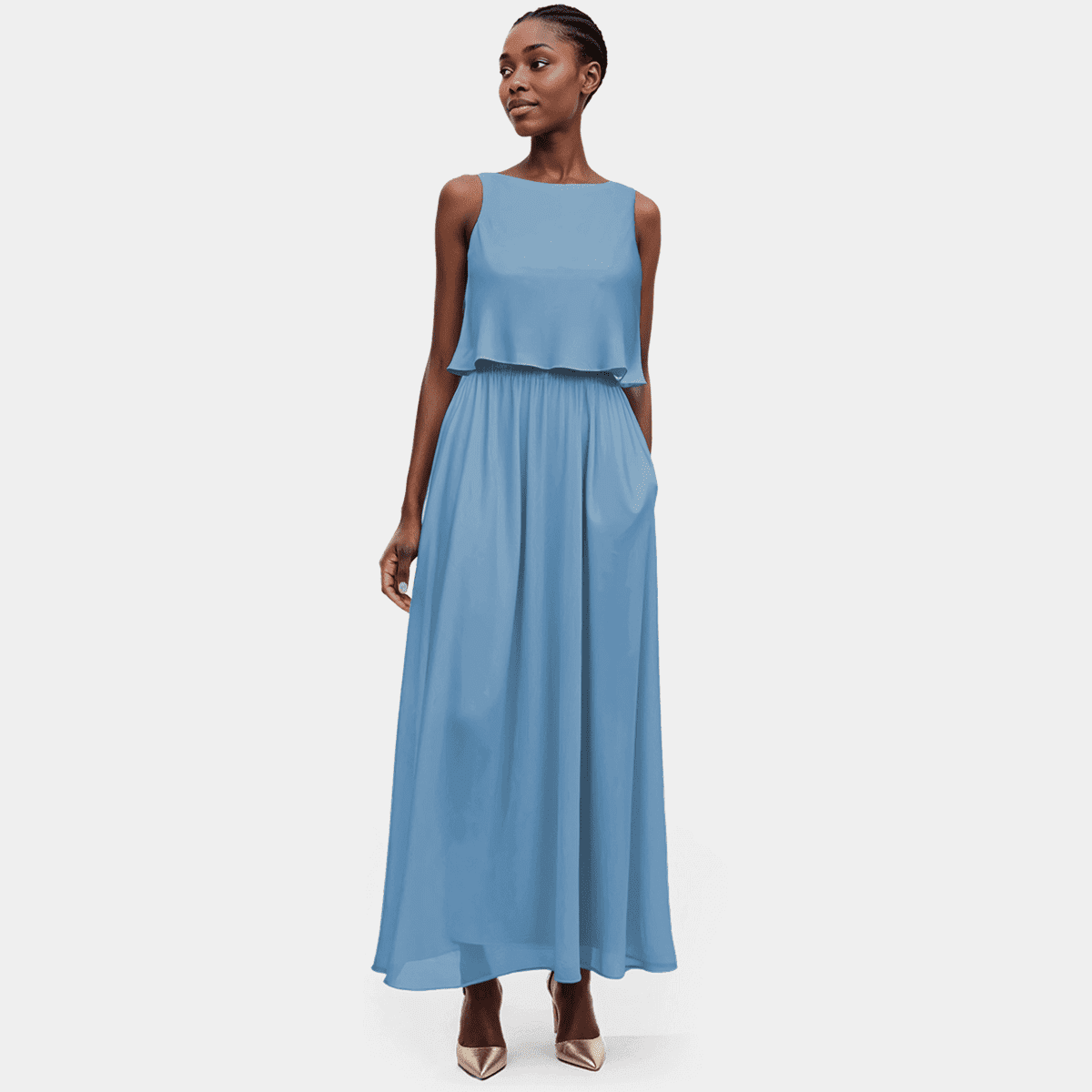 Dusty Blue boat neck Flared-Top Maxi Dress