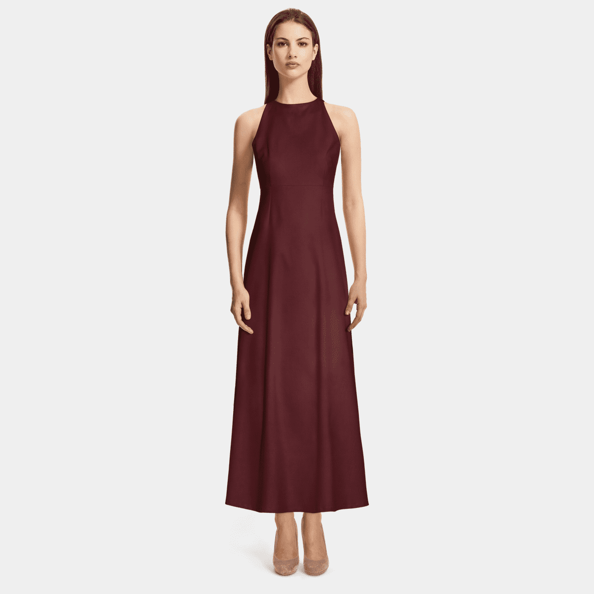 Burgundy Lurex Print Halter High Low Dress