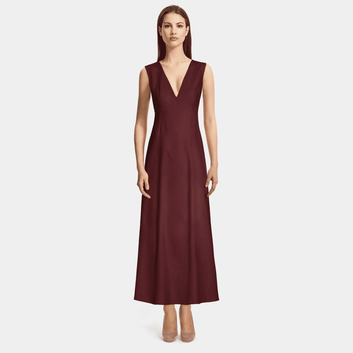 Burgundy V-Neck Long Sleeve Bodycon Hem Dresses