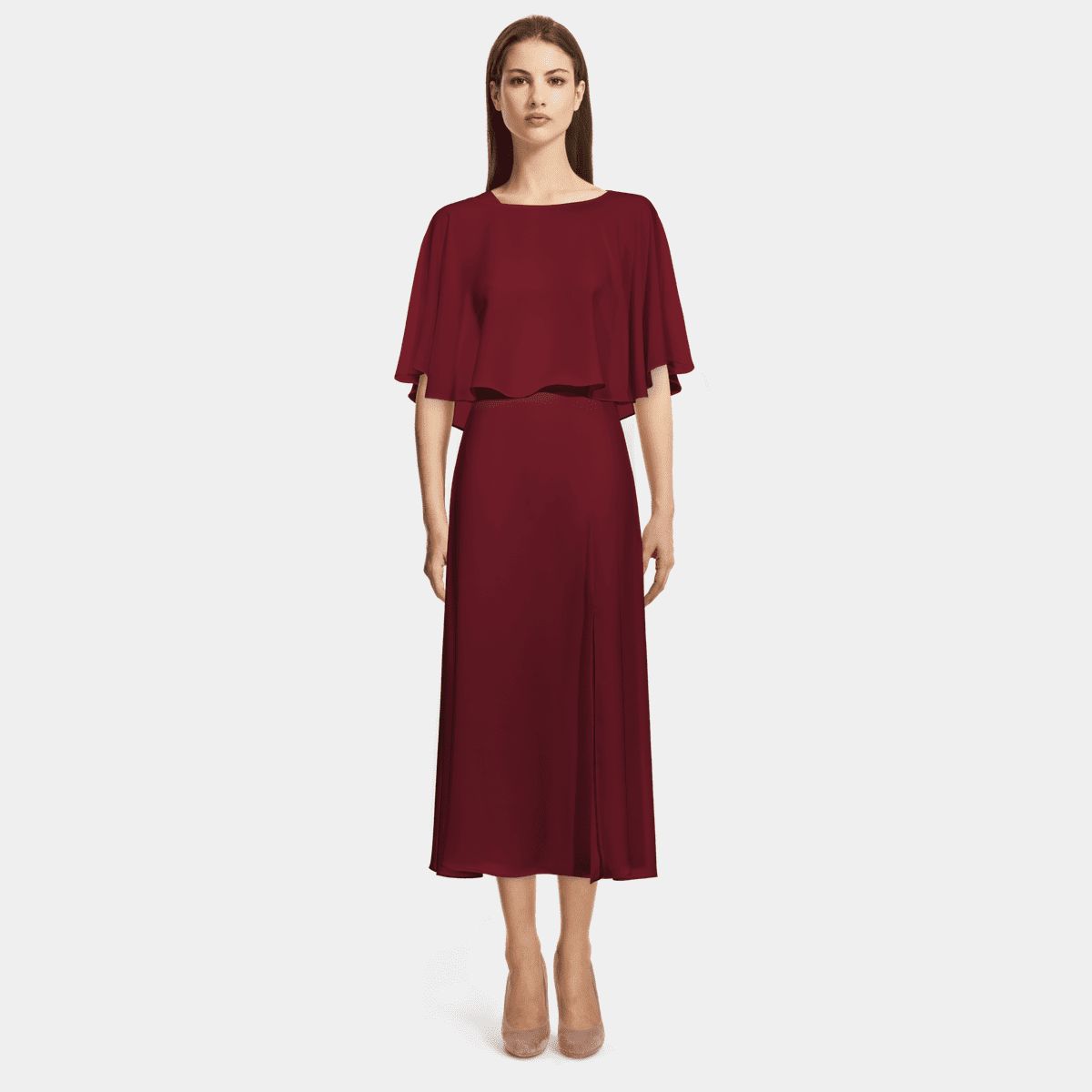 Leah | Burgundy Asymmetric-Neck Midi Dress With Cape-Sleeve