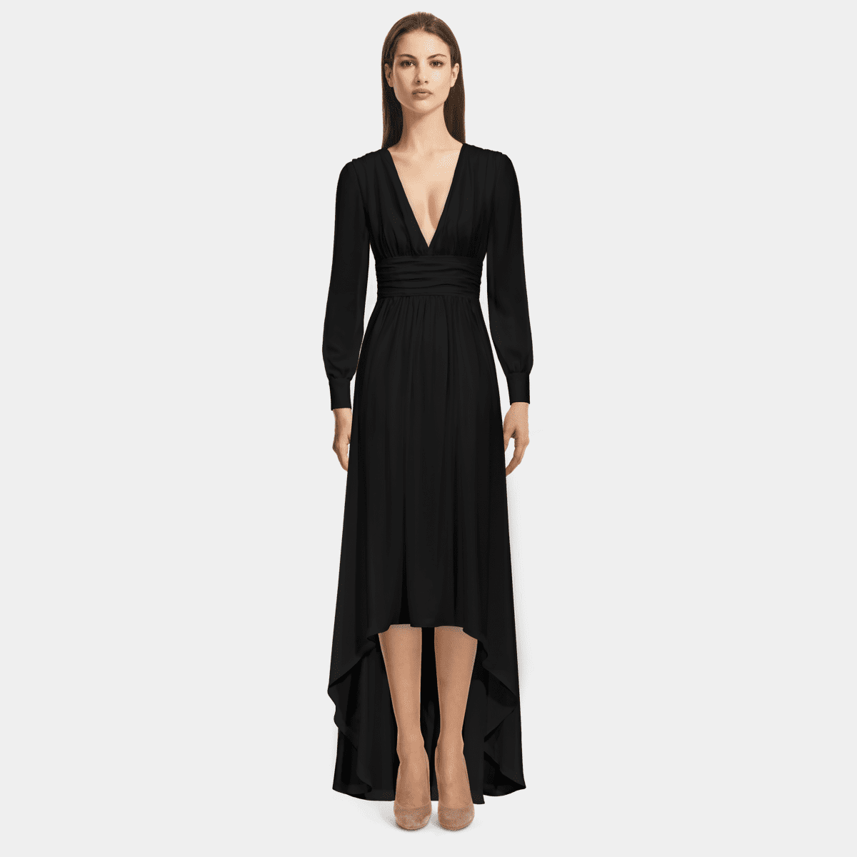 Black long sleeve deep v-neck Empire high low Maxi Dress | Sumissura