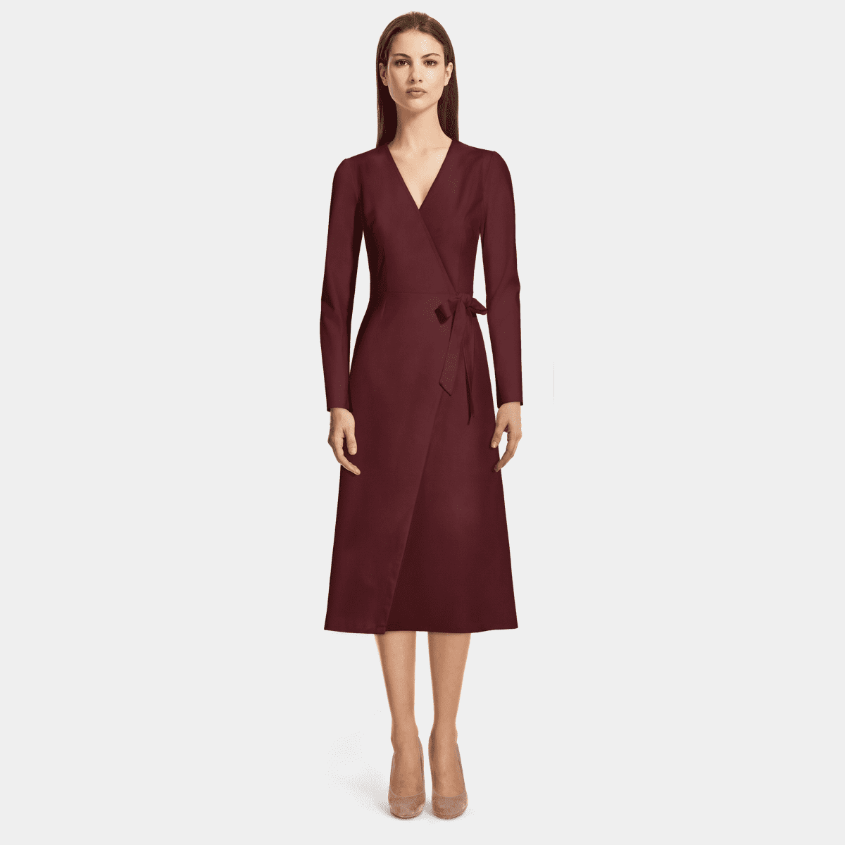 burgundy midi wrap dress Reiss Satin Wrap Front Midi Dress in Burgundy