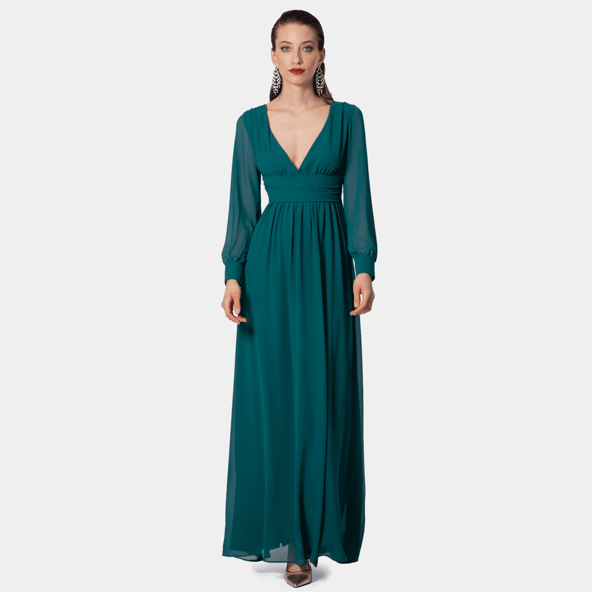 Green long sleeve deep v-neck Empire Maxi Dress