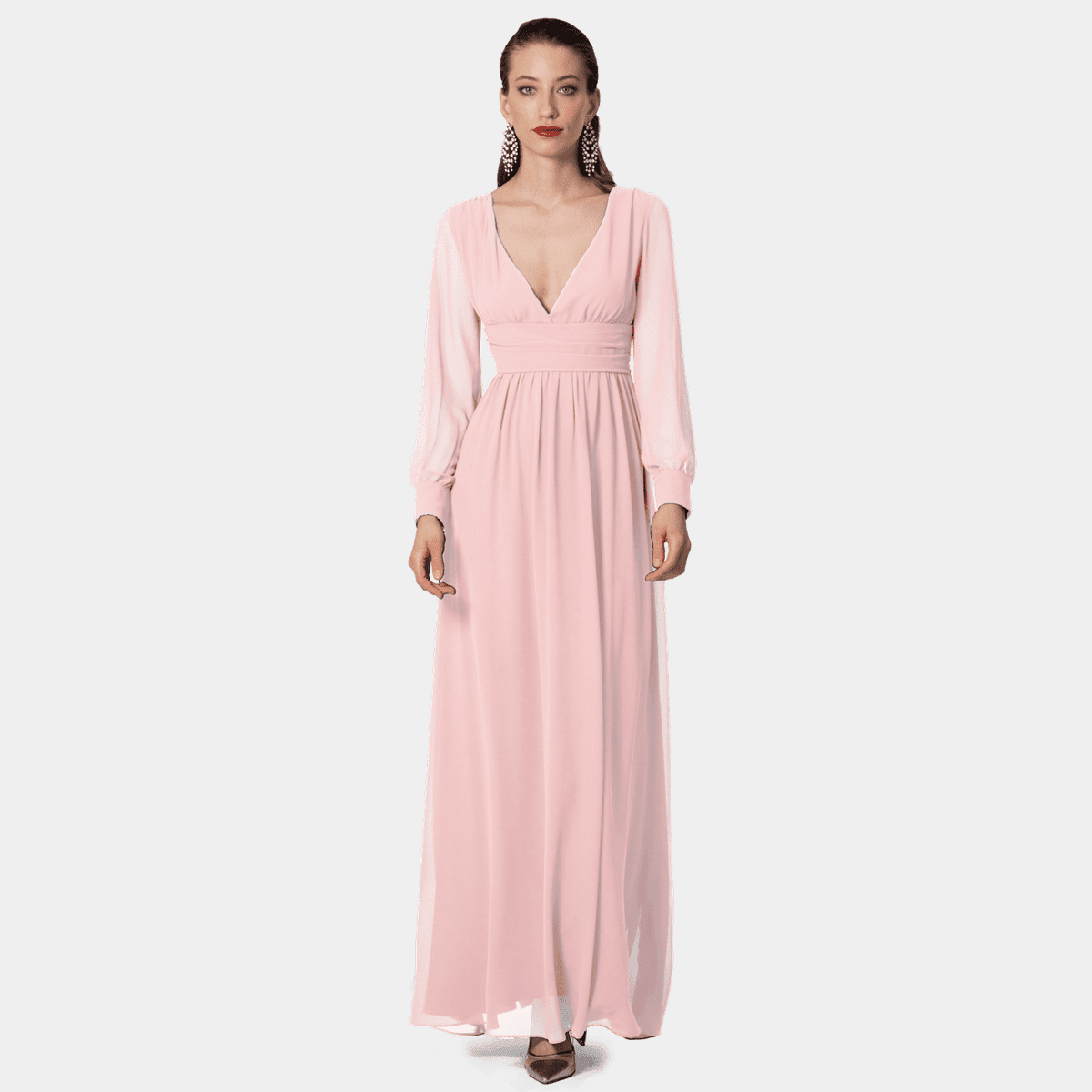 Blush Pink long sleeve deep v-neck Empire waist Maxi Dress