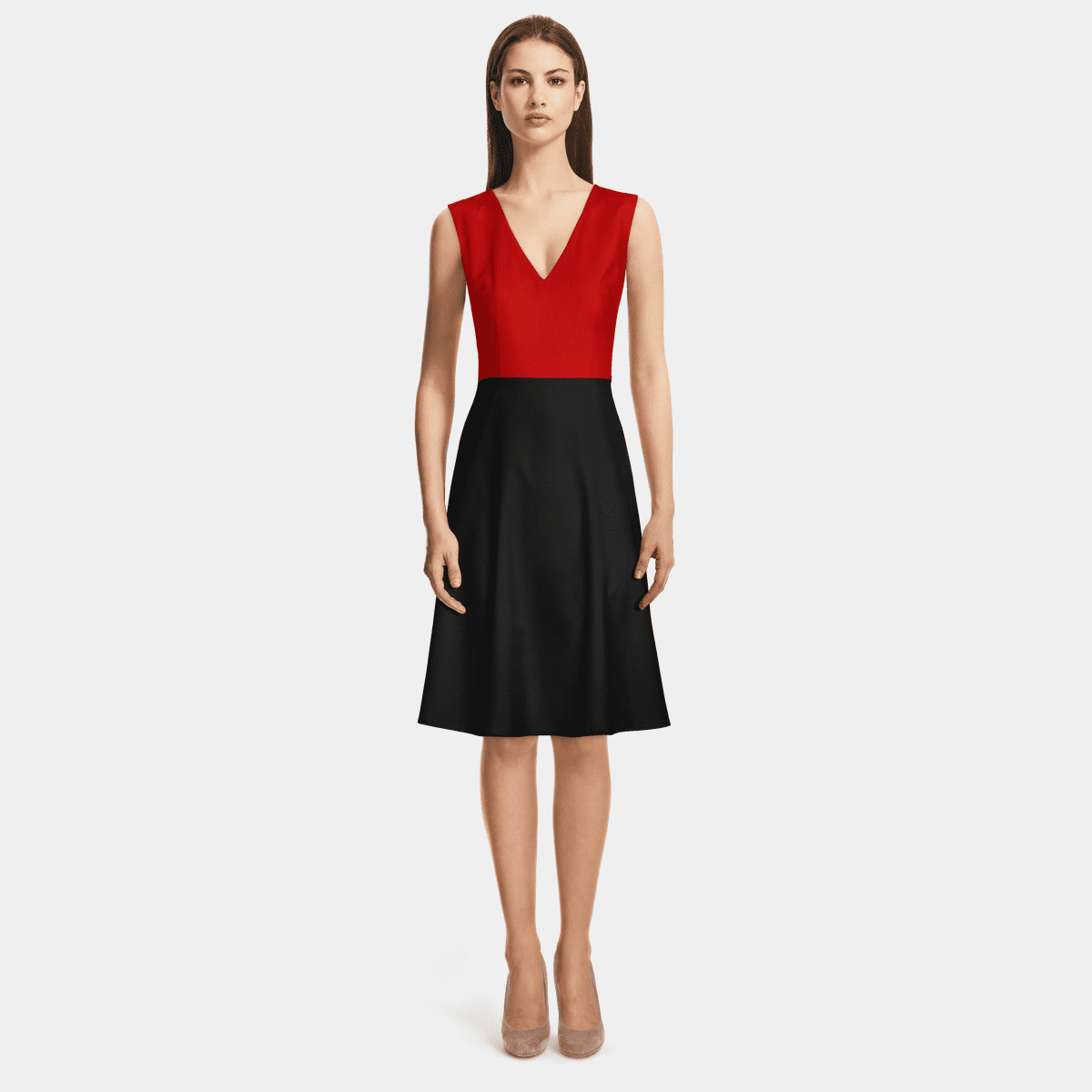 Red And Black V Neck Flared Dress Sumissura